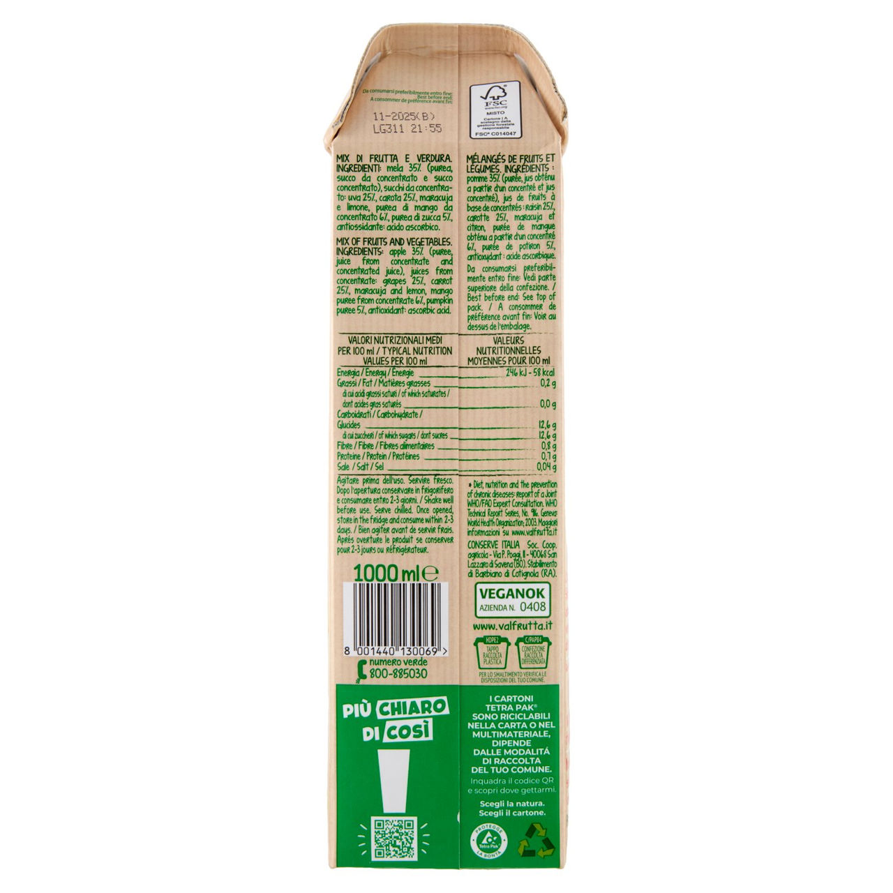 Valfrutta 100% Frullato Veggie Mango Mela Zucca Carota 1000 ml