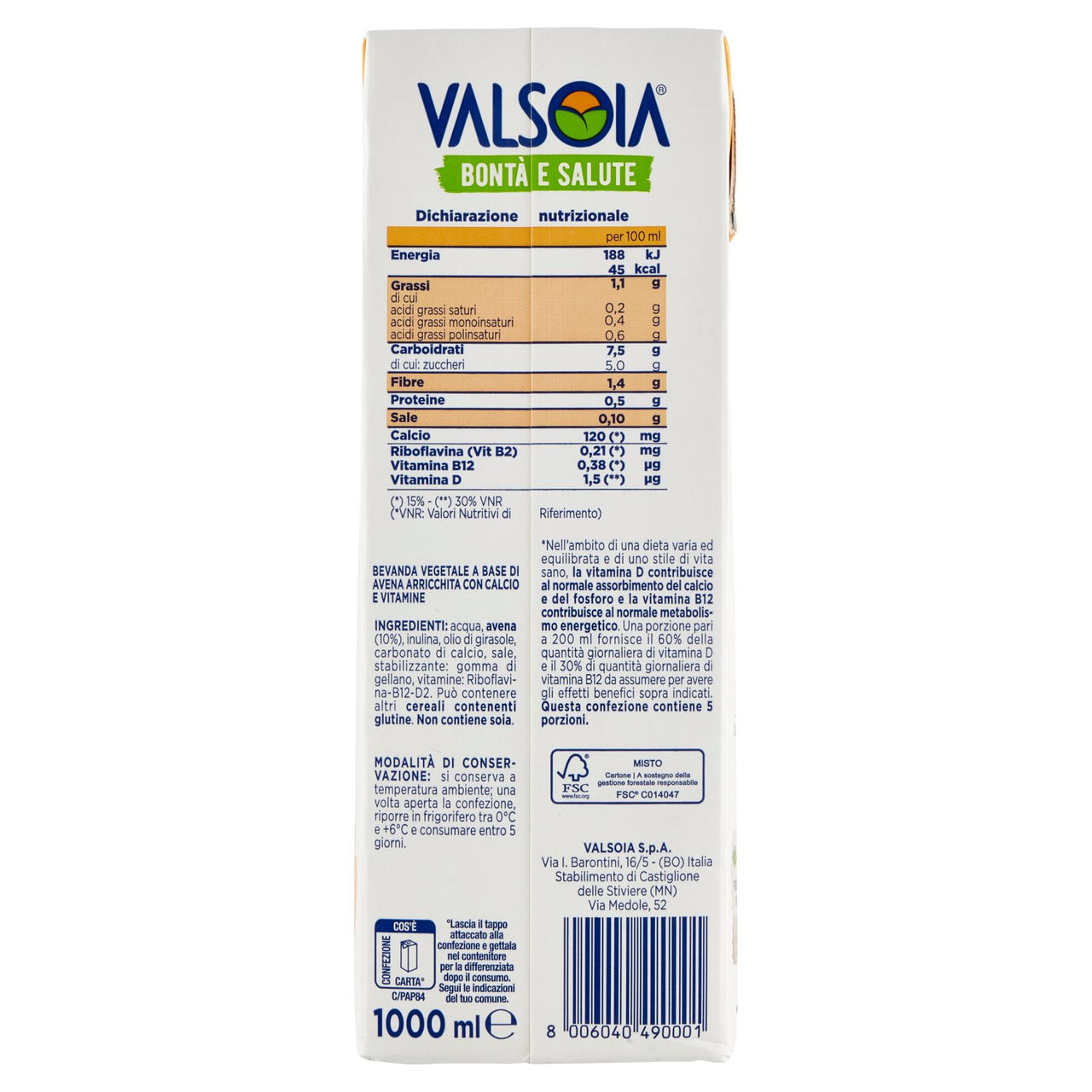 Valsoia Bontà e Salute Bevanda avena 1000 ml