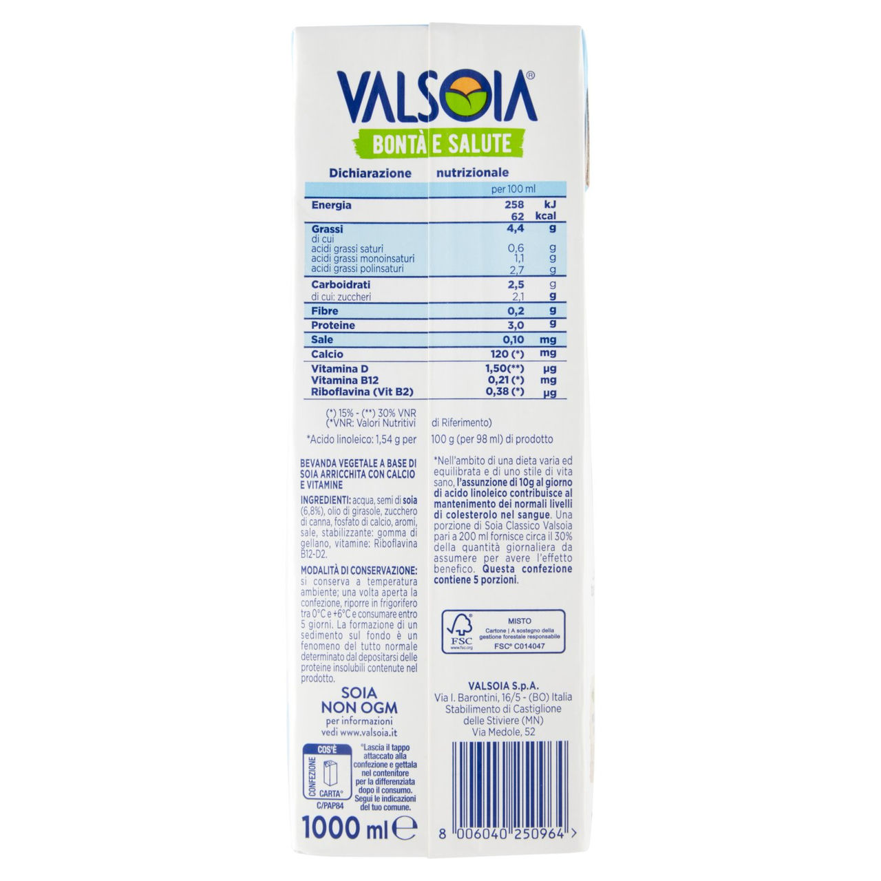 Valsoia Bontà e Salute Bevanda soia gusto Classico 1000 ml