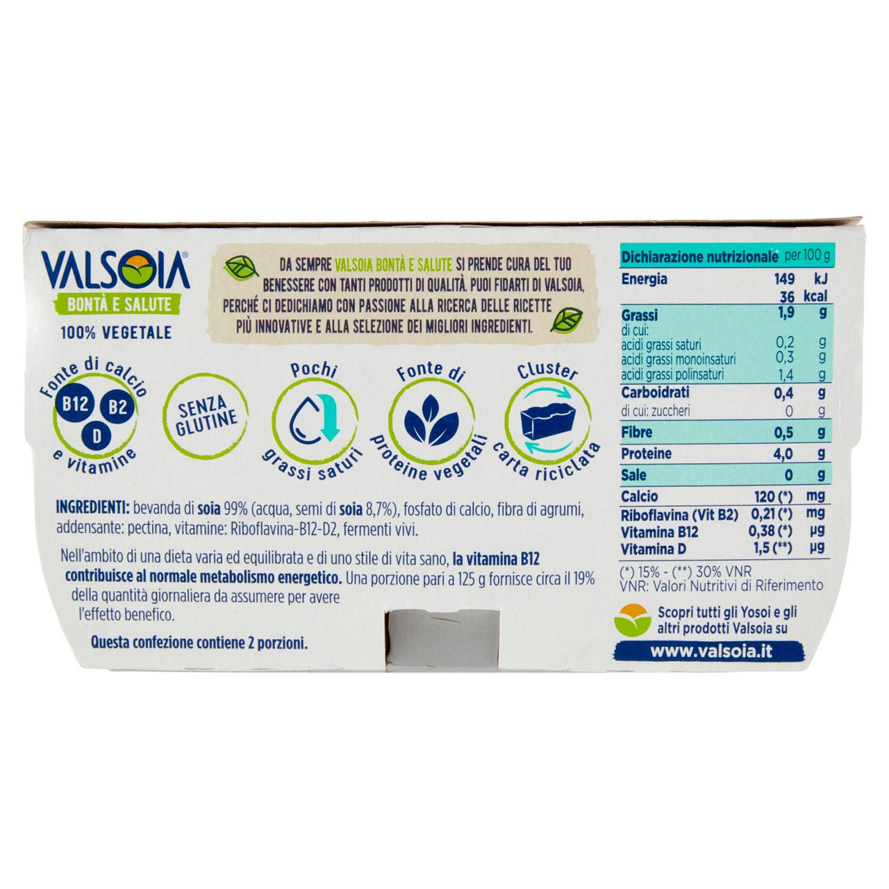 Valsoia Bontà e Salute Bianco Naturale Zero Zuccheri 2 x 125 g