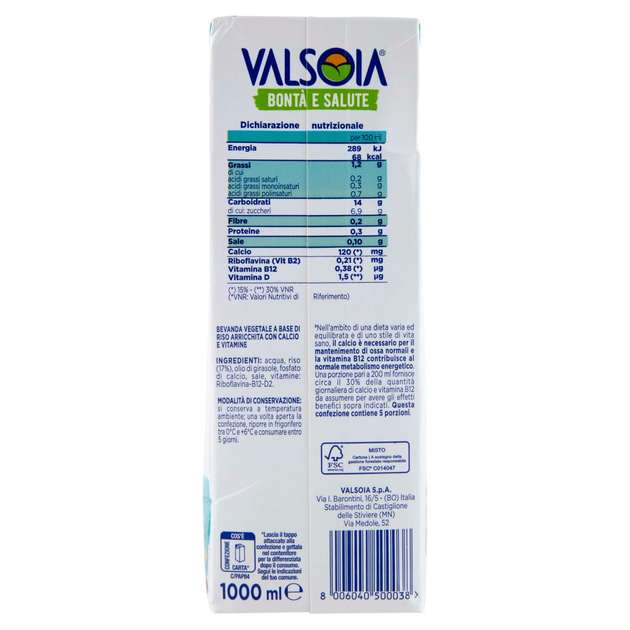 Valsoia Bontà e Salute Riso Drink 1000 ml