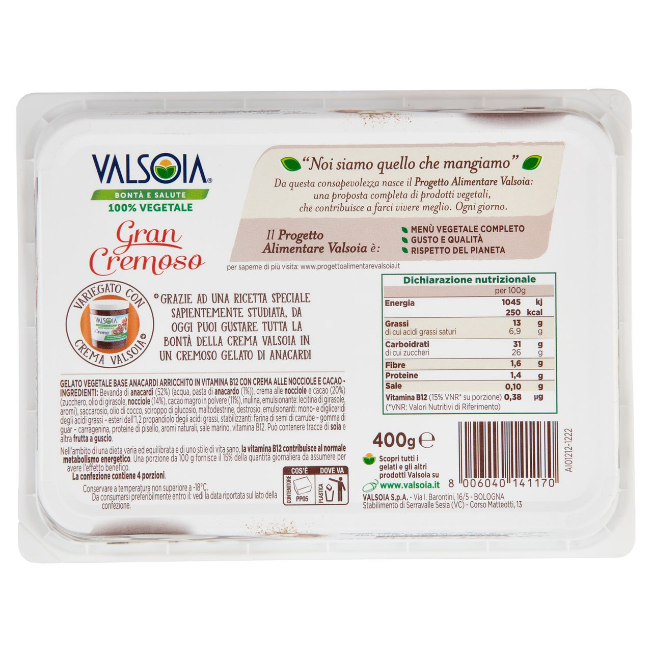 Valsoia Bontà e Salute Vaschetta Gran Cremoso Nocciola 400 g