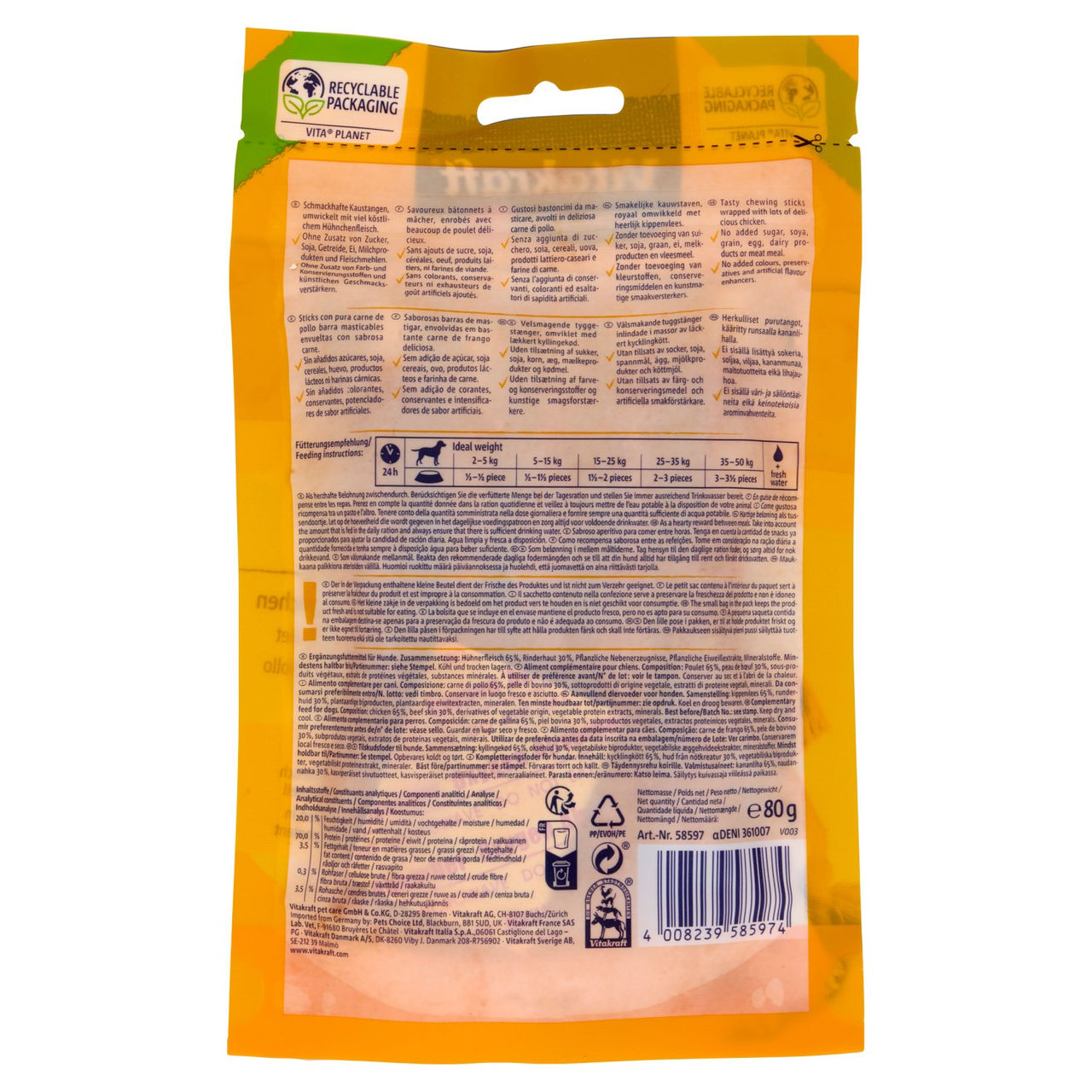 Vitakraft pure Chicken Bonas Bastoncini masticabili con pollo 80 g
