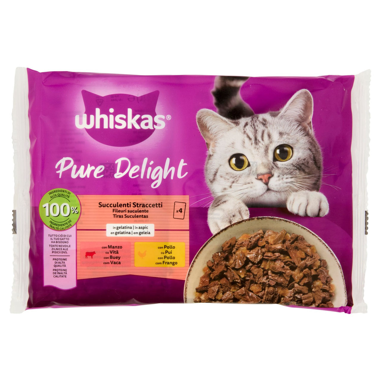 Whiskas Pure Delight Cibo Umido Gatto Succulenti Straccetti in Gelatina con Manzo e Pollo 4x85g