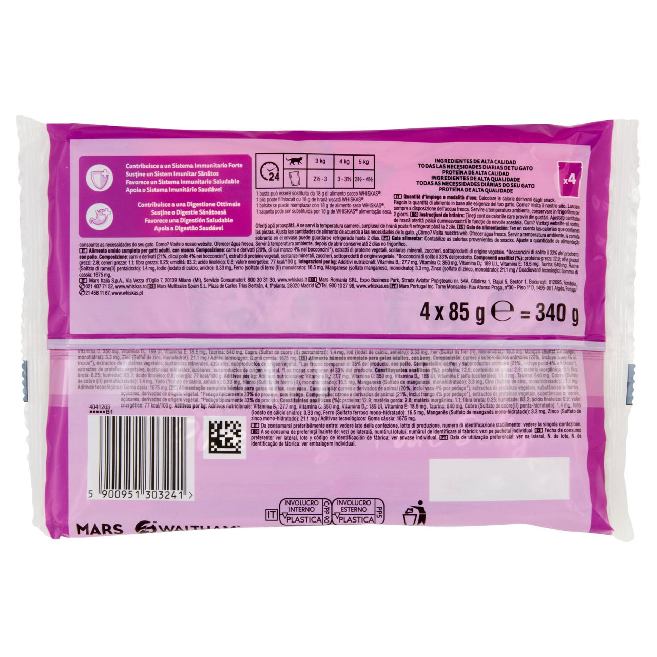 Whiskas Pure Delight Cibo Umido Gatto Succulenti Straccetti in Gelatina con Manzo e Pollo 4x85g