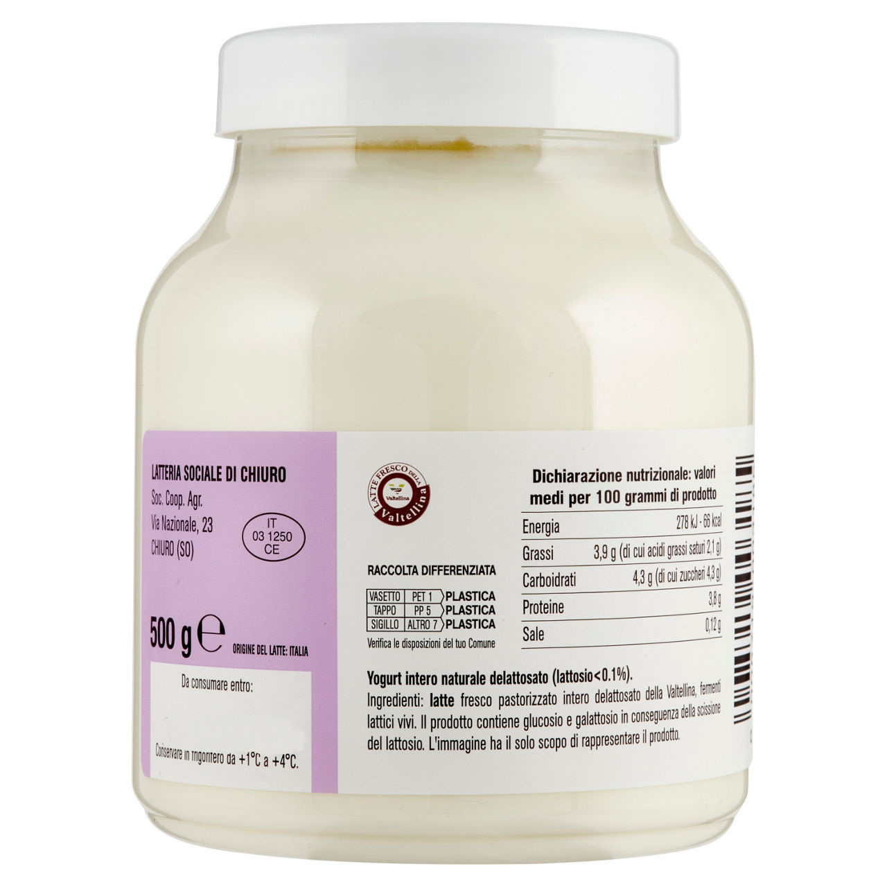 Yogurt AlpiYò di Valtellina Latteria Chiuro senza lattosio intero naturale 500 g