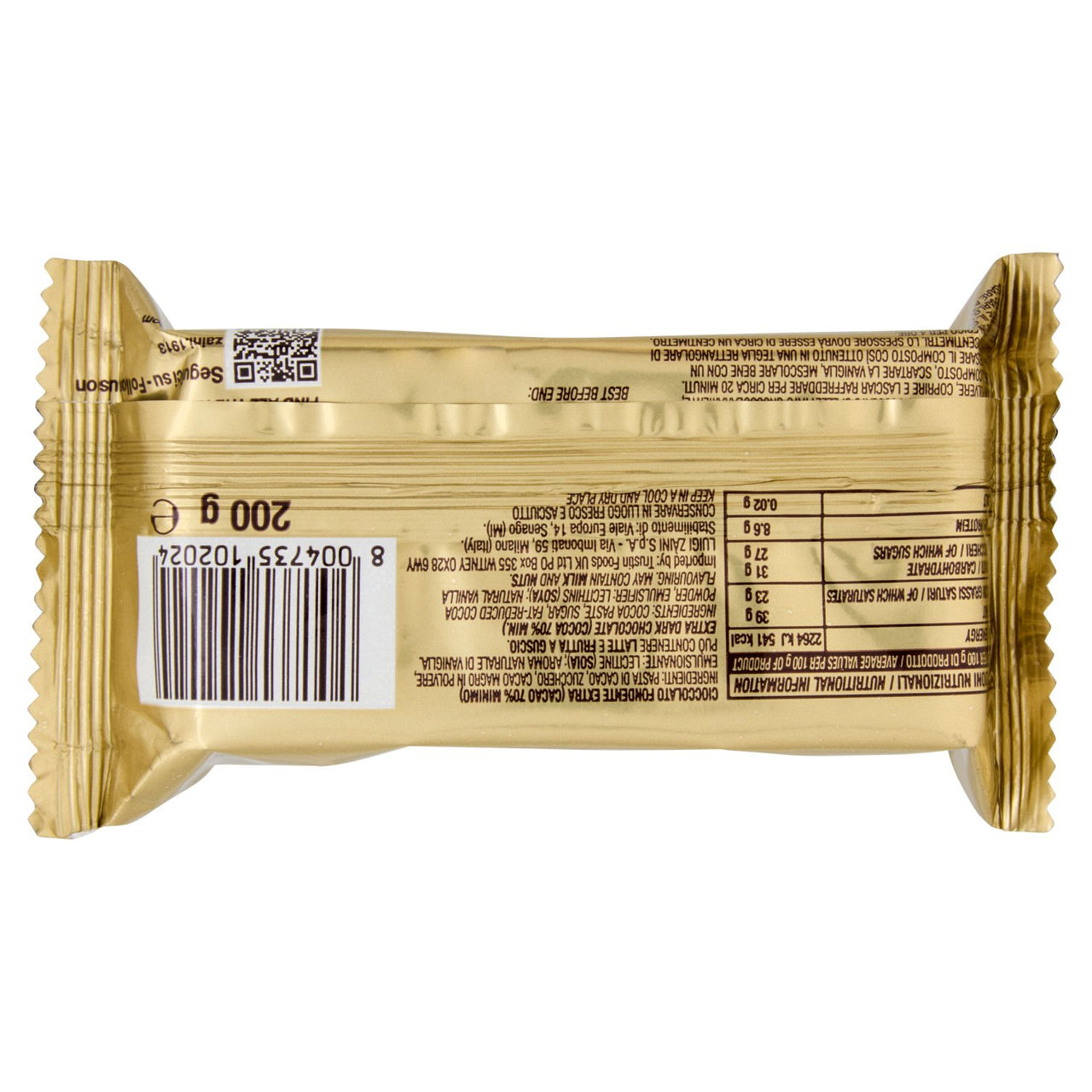 Zàini Emilia Blocco di Cioccolato Fondente Extra 70% Cacao 200 g