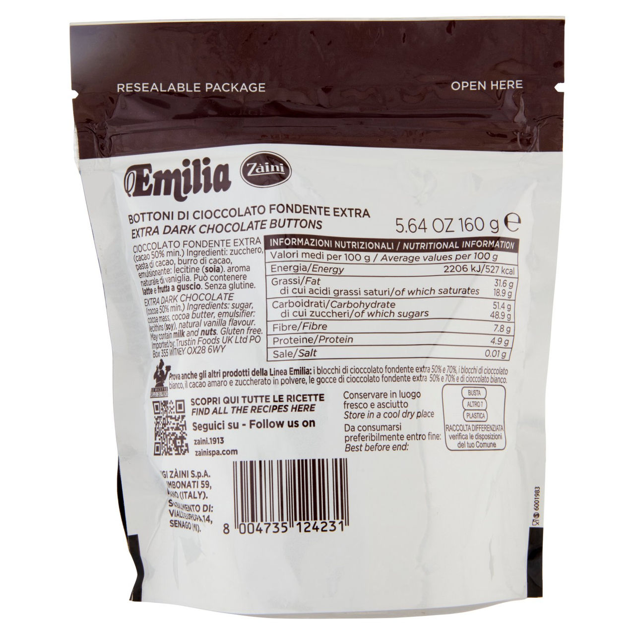 Zàini Emilia Bottoni di Cioccolato Fondente Extra 160 g