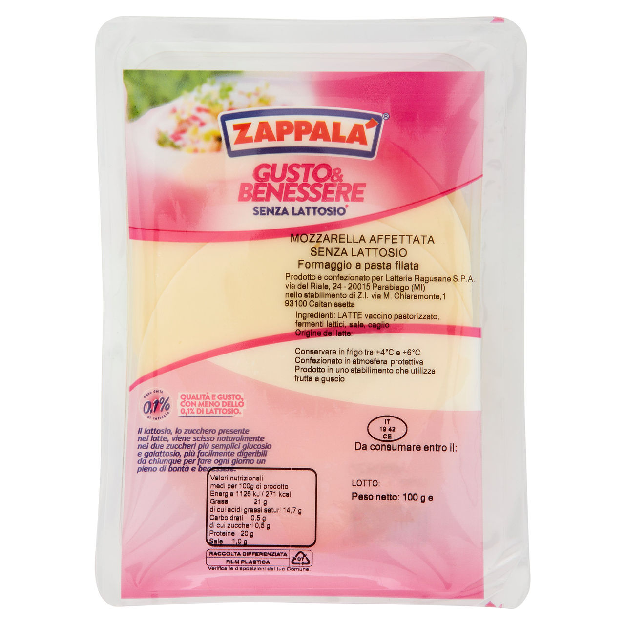 Zappalá Gusto & Benessere Senza Lattosio Mozzarella Affettata 100 g