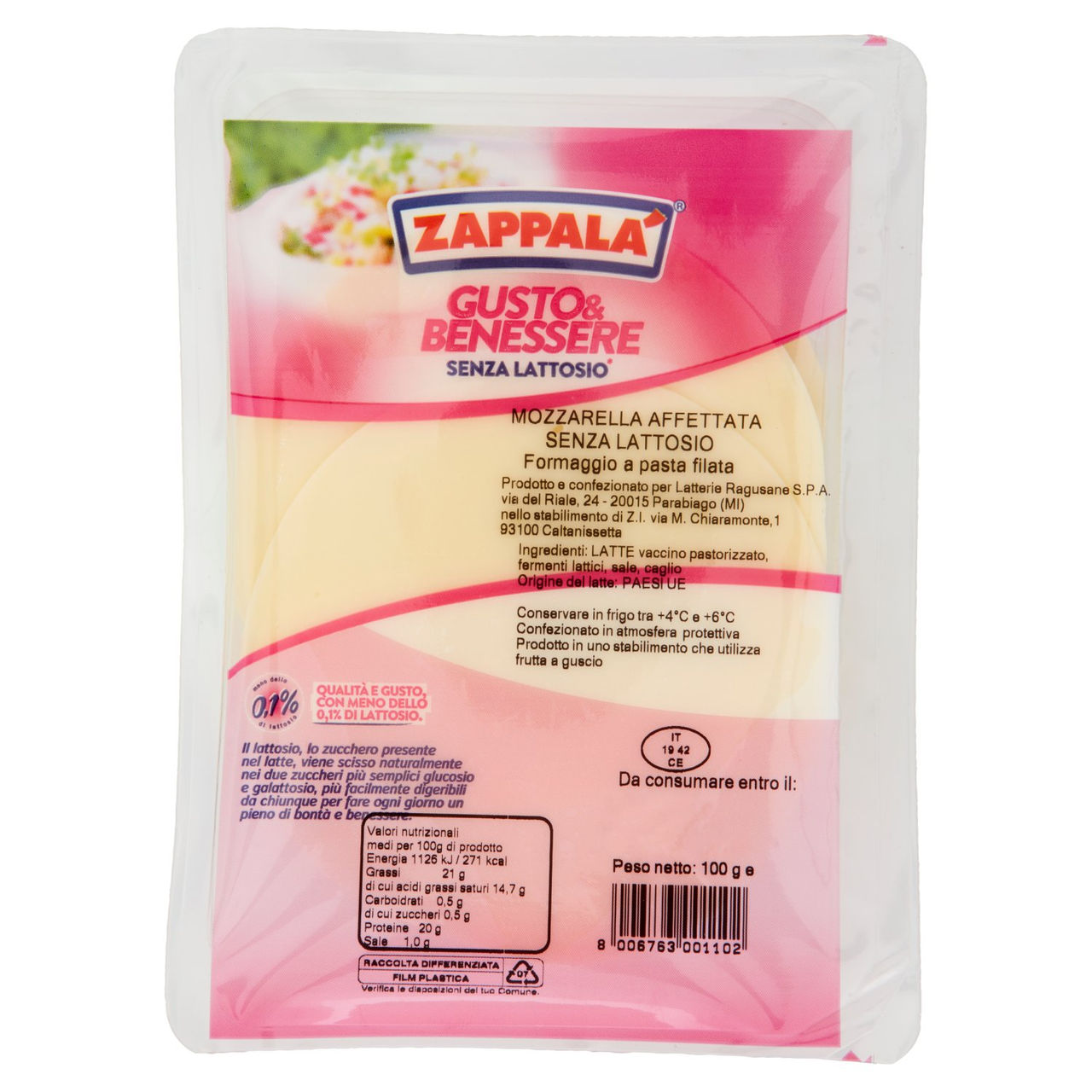 Zappalá Gusto & Benessere Senza Lattosio Mozzarella Affettata 100 g