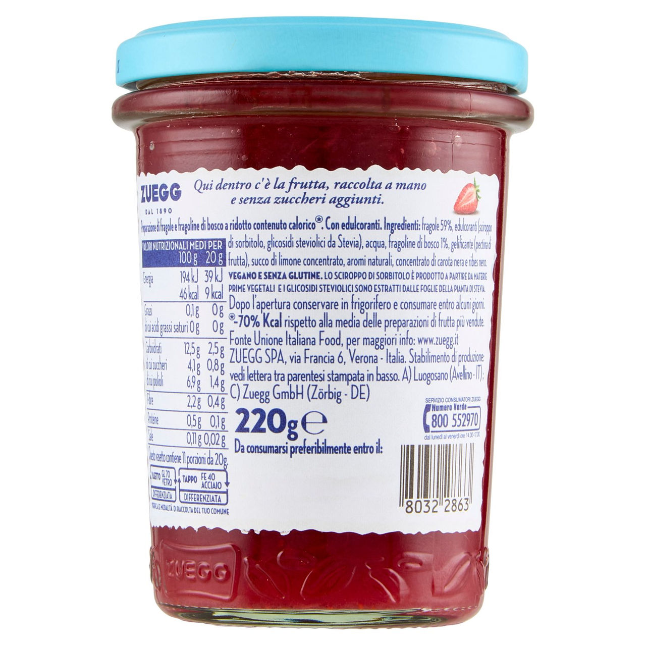 Zuegg Zero Zuccheri Aggiunti* Fragole e Fragoline di Bosco 220 g